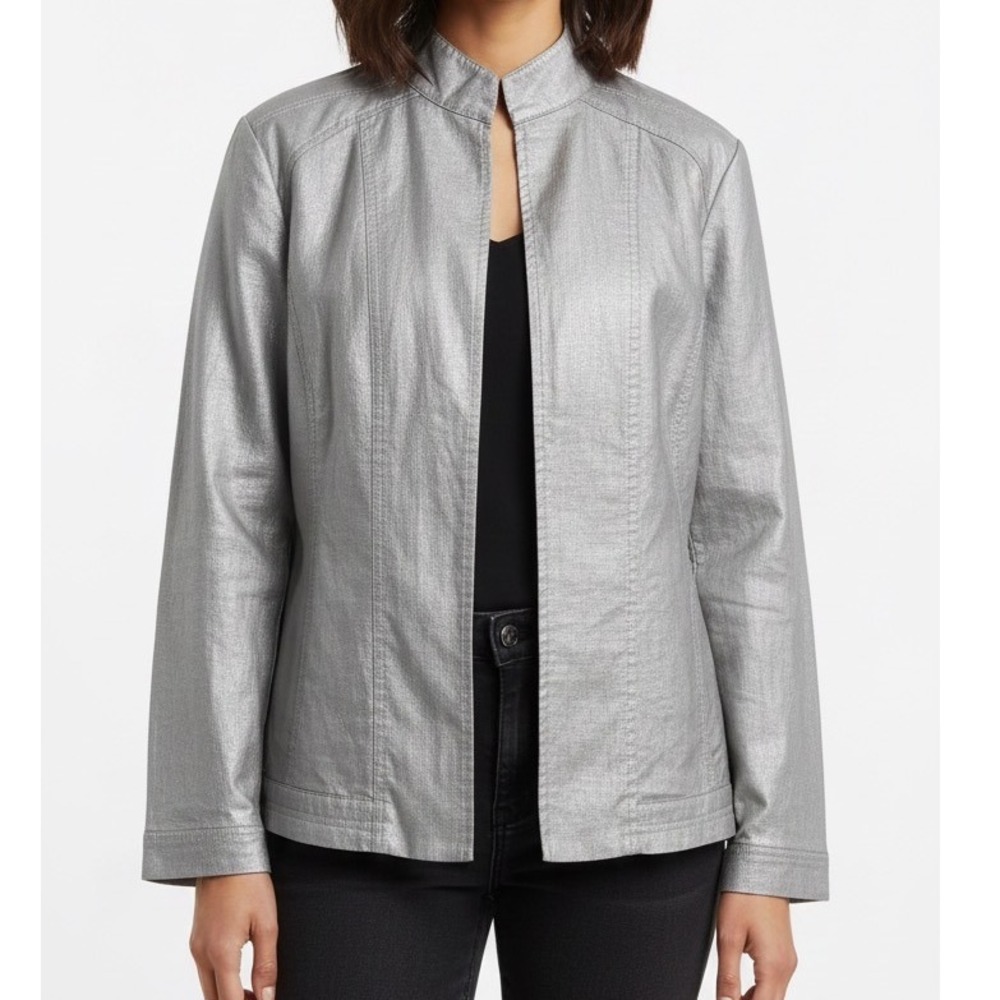 Additions by Chico's‎ Linen Blend Silver Jacket Sz 2 Medium Hook Eye Closure